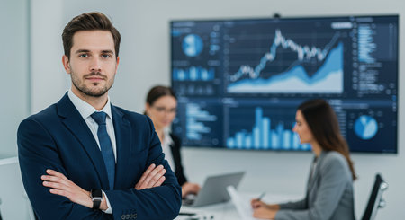 businessman with crossed arms looking at camera in office with colleagues in backgroundの素材