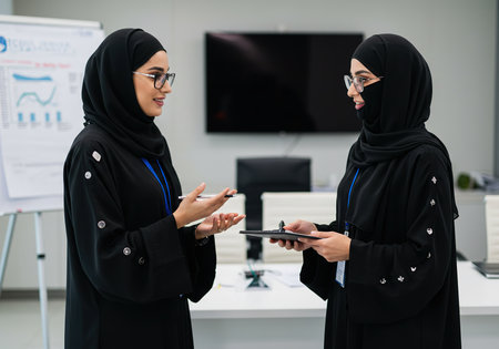 Two muslim businesswomen in hijab discussing and using tablet computer in officeの素材