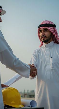 Arabic businessman and engineer shaking hands with each other in the cityの素材