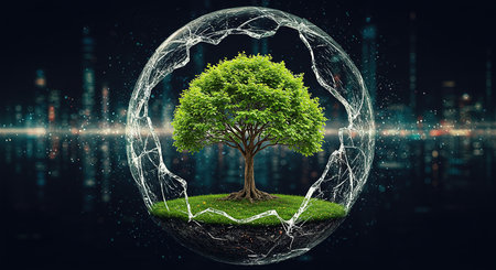 Ecology concept with green tree in crystal ball. 3d renderingの素材
