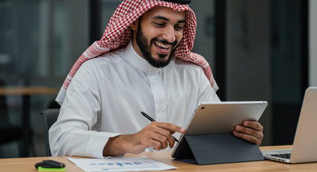 Arabic businessman using tablet computer at office. Arab business man working with tablet in modern office.の素材