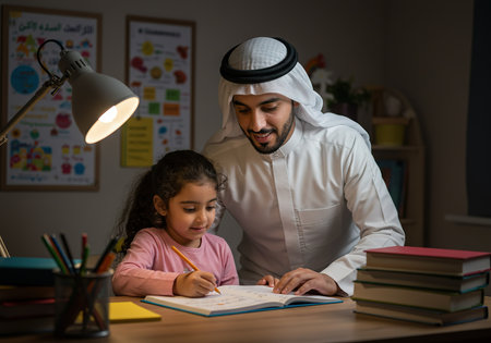 Arabic teacher helping his arab schoolgirl in classroom at nightの素材