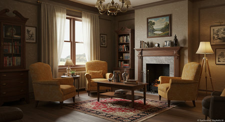 Classic living room interior with fireplace and armchairs. 3d renderの素材