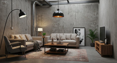 Interior of modern living room with gray walls, concrete floor and comfortable sofa. 3d renderの素材