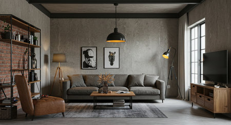 Interior of modern living room with brown sofa 3d Illustrationの素材