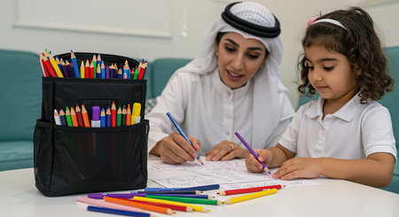 Arabic family doing homework together at home. Arabian mother and daughter drawing together.の素材