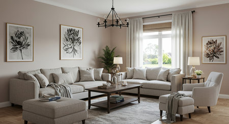 Living room interior design with beige sofa, armchairs and coffee table. 3d renderの素材