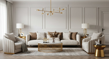 Living room interior in classic style with beige sofa, coffee table and golden chandelier.3d renderの素材