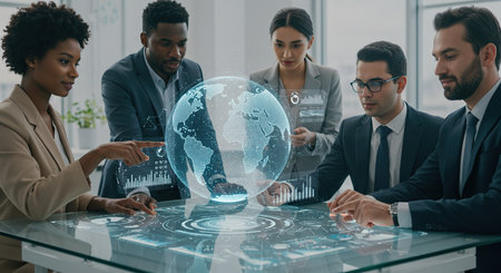 Group of multiethnic business people working together in modern office. World map hologram. Double exposureの素材