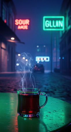 Cup of hot tea on the street at night with neon signs.の素材