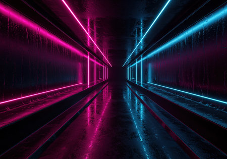 3d rendering of a dark corridor with neon lights and reflections.の素材