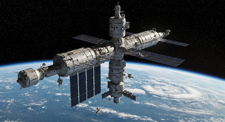 Space station in outer space. 3D rendering. Elements of this image furnished by NASAの素材