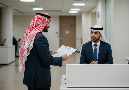 Arabic businessman talking to his partner in the hallway of a modern officeの素材
