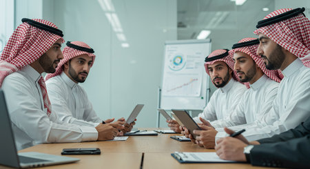 Group of arabic business people using digital tablet and laptop in modern office.の素材
