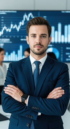 portrait of handsome businessman with crossed arms looking at camera in officeの素材