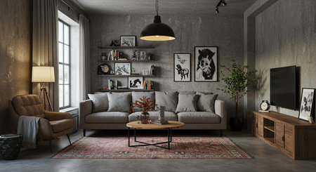 Interior of the living room with sofa 3D Illustration.の素材