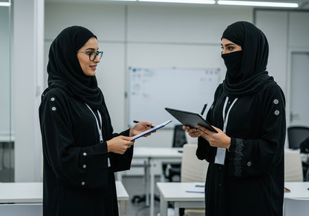 muslim businesswomen in hijab using digital tablet and writing on clipboard in officeの素材