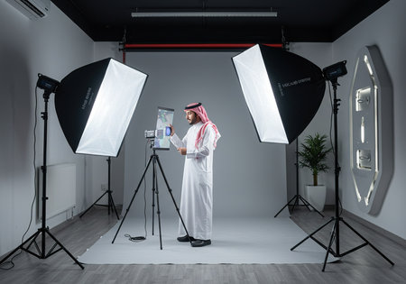 Arabic man using digital tablet while standing in photo studio with professional lighting equipmentの素材