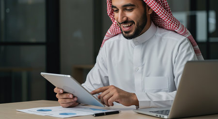 Arab businessman using tablet computer at office. Business and technology concept.の素材