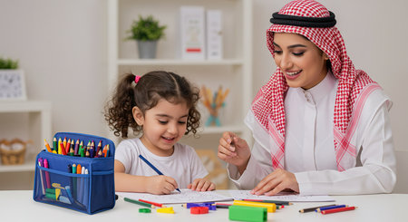 Arabic mother and daughter drawing together in the classroom at home.の素材