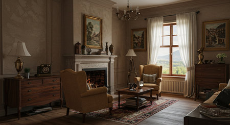 Classic interior of living room with fireplace and armchair. 3d renderの素材