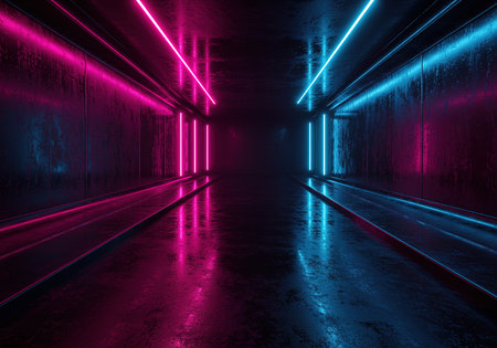 Dark corridor with neon lights. Abstract background. 3D rendering.の素材
