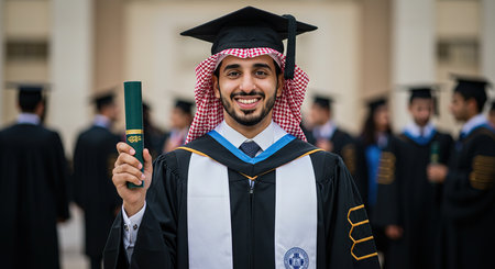 Handsome young arabic man graduate in mortarboard and gown with diplomaの素材