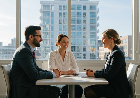 Business people having a meeting at office. Businessman and businesswoman sitting at table and talking.の素材