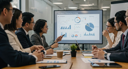 Group of business people discussing the charts and graphs showing the results of their successful teamworkの素材