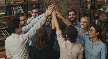 Group of young business people giving high five to each other in officeの素材