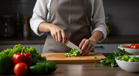 Close up of woman's hands cooking in the kitchen. Housewife slicing fresh vegetables.の素材