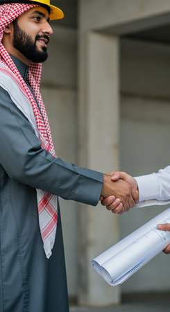 Arab businessman shaking hands with partner at construction site. Business handshake concept.の素材