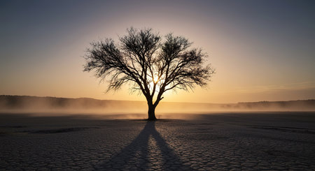 Lonely tree in the field at sunrise in winter season.の素材