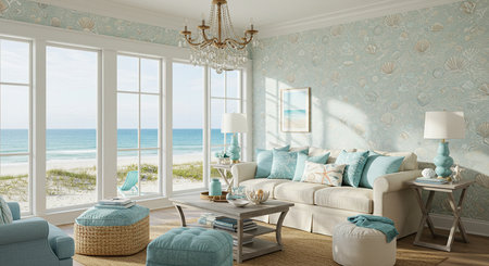 3d rendering of living room with sea view and blue sofa.の素材