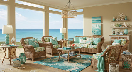 Interior of the living room with wicker furniture and sea viewの素材