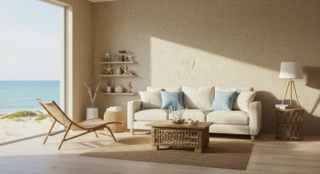 Modern living room with sea view, sofa and armchair. 3d renderの素材