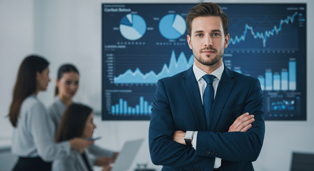 portrait of confident businessman with crossed arms looking at camera in officeの素材