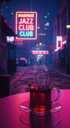 Cup of hot tea on the background of a night city street.の素材
