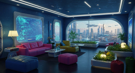 Interior of a modern living room with a view of the city. 3D renderingの素材