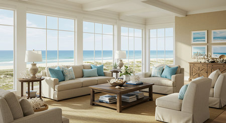 interior of modern living room with sea view, 3d renderの素材