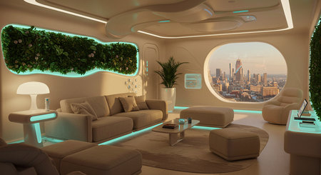 3D rendering of a living room with a view of the cityの素材