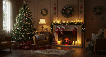 Christmas living room with fireplace and Christmas tree. 3d rendering.の素材