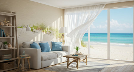 Interior of modern living room with sea view. 3d renderの素材