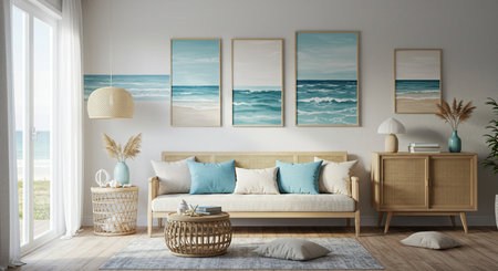 Interior of modern living room with sea view, 3d renderの素材