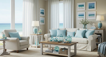 modern living room with sea view, 3d render illustration mock upの素材