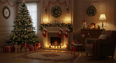Christmas living room with fireplace and christmas tree. 3d renderの素材