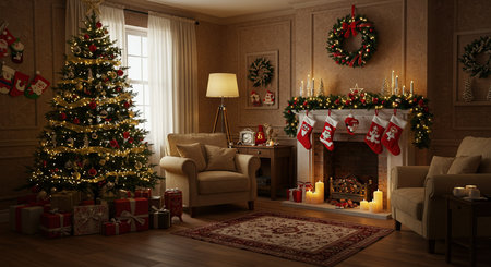 Christmas living room with a decorated Christmas tree. 3d rendering.の素材