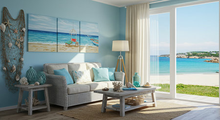 Interior of a modern living room with sea view, 3d renderの素材