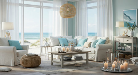 Cozy living room with sea view, 3d render. Interior design.の素材
