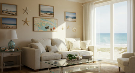 3d render of a living room with a view on the seaの素材